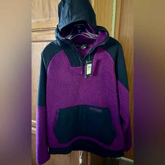 NWT-Under Armour UA Mens Mission Anorak Pullover Fleece Boucle - Purple/Blk MED - Picture 1 of 4